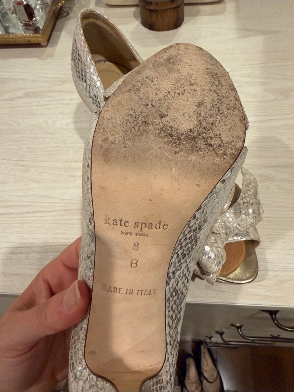 kate spade Cream Snake-Texture Peep Toe Heels with Bow Accent - Picture 5 of 5